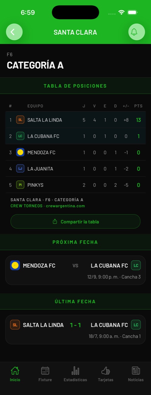 La app mostrando la tabla de posiciones de un torneo